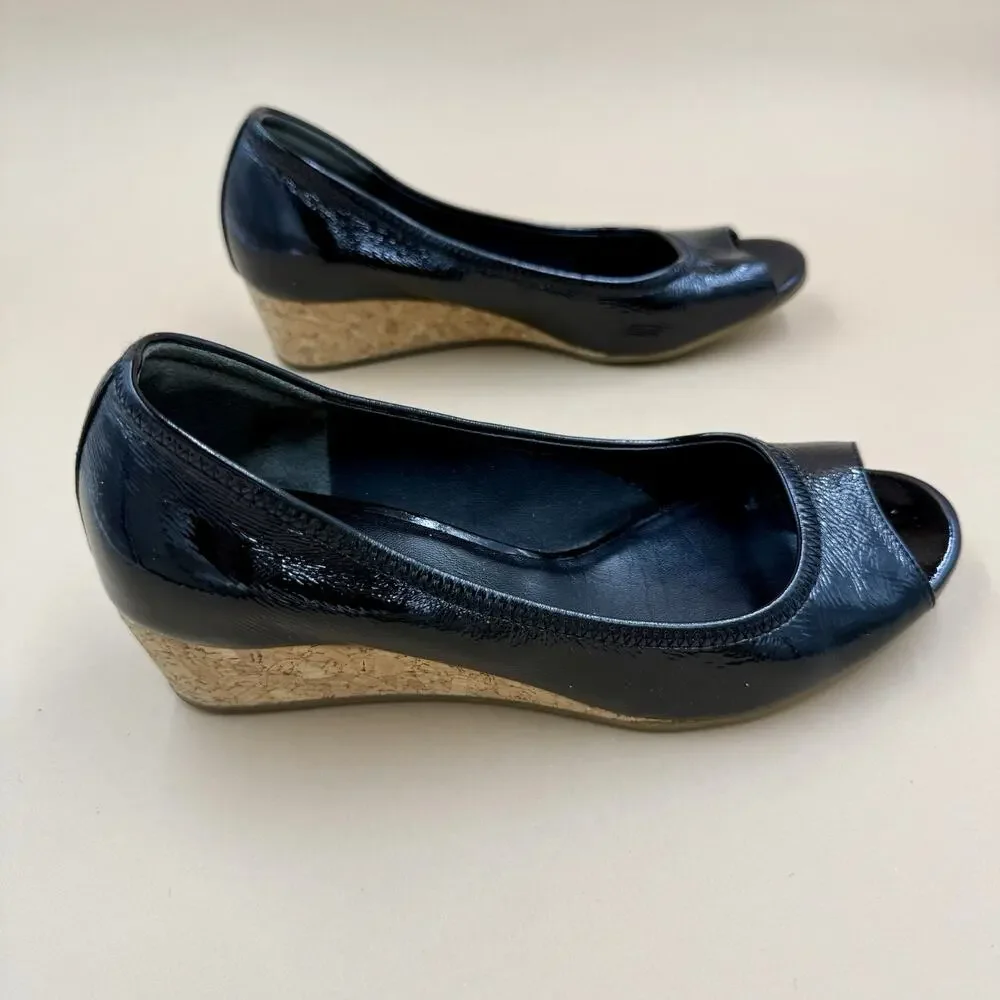 Cole Haan Black Patent Leather Wedge Heels 5.5M Office Peep Toe